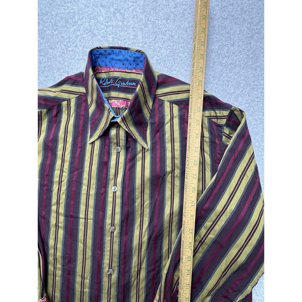 Robert Graham Shirt Mens Large Green Burgundy Striped Flip‎ Cuff Luxury Preppy - Picture 5 of 10